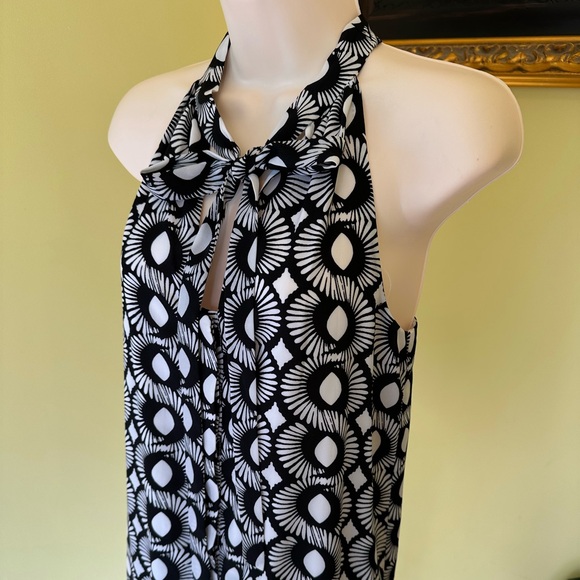Kaari Blue Abstract Black & White Fan Tie Neck Everyday Essentials Dress NWT~ XS - Picture 4 of 12